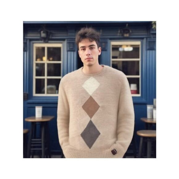 Perry Ellis Crewneck Cotton Wool Neutral Sweater Sandbar Argyle Men's‎ Size XL - Picture 1 of 5